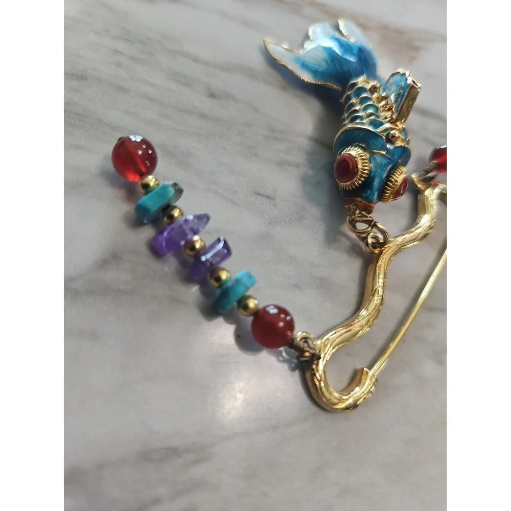 Vintage Cloisonne Enamel Koi Fish Brooch Gold Tone Accent Wearable Art
